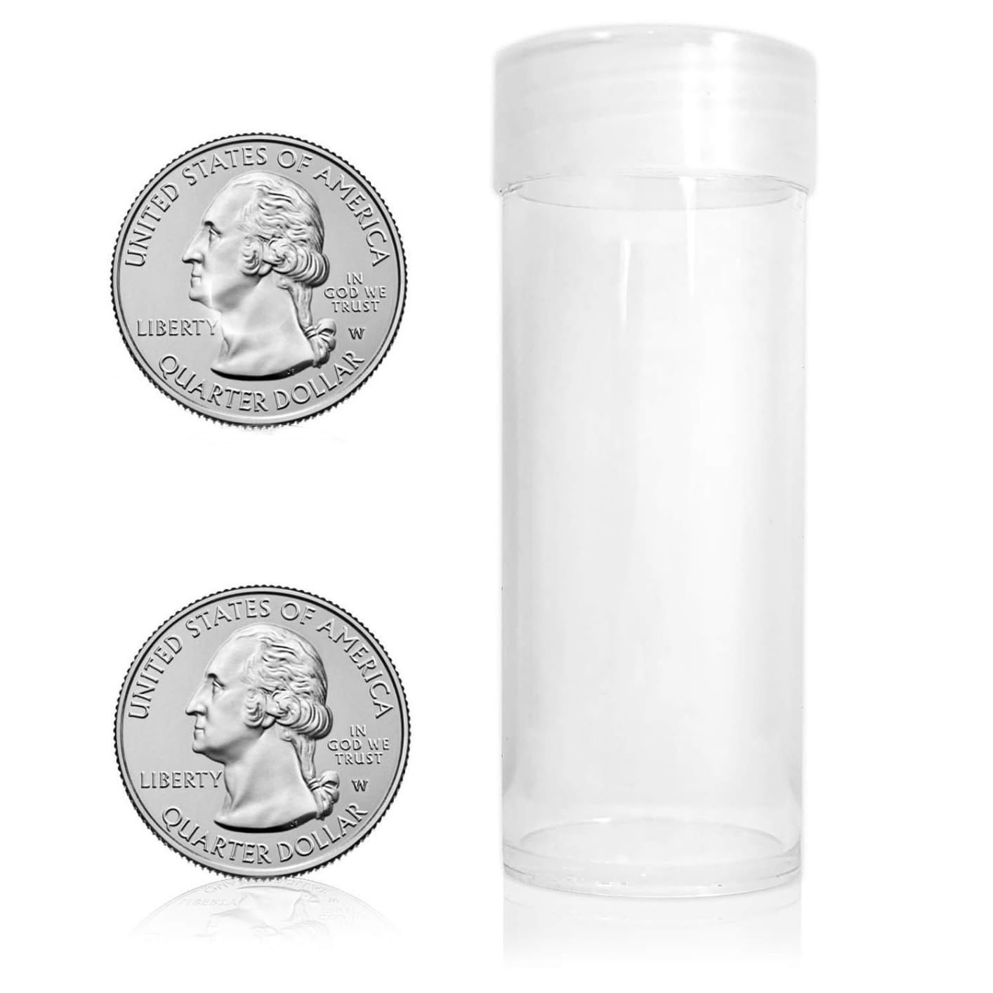 BCW Quarter Coin Tubes for Washington Quarters, Screw-On Caps, 10 Pack | Each clear tube holds 40 unwrapped 24.3 mm US Washington quarters with a secure screw-on cap for organized storage. customer photo 1