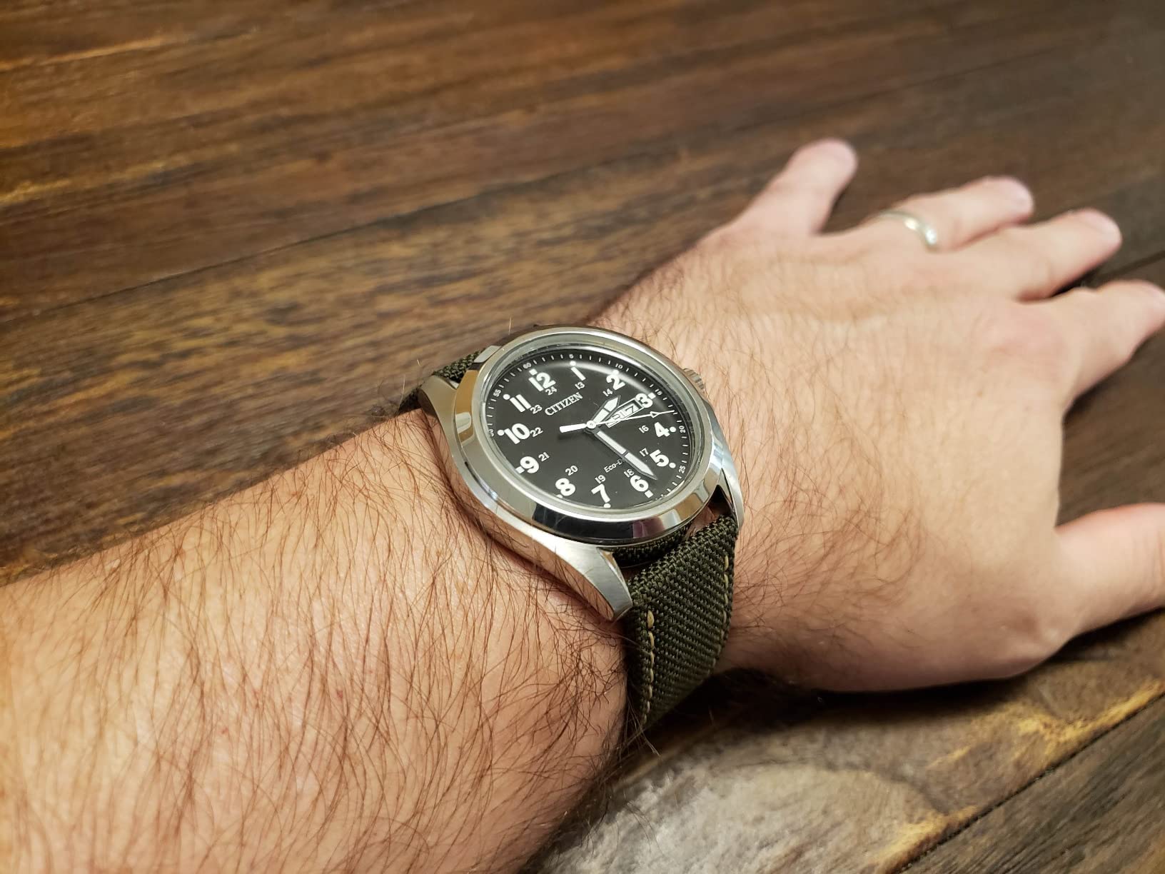 Citizen Men's Eco-Drive Weekender Garrison Field Watch in Stainless Steel, Black Dial, Arabic Markers, Luminous, 43mm (Model: AW0050-82E) customer photo 2