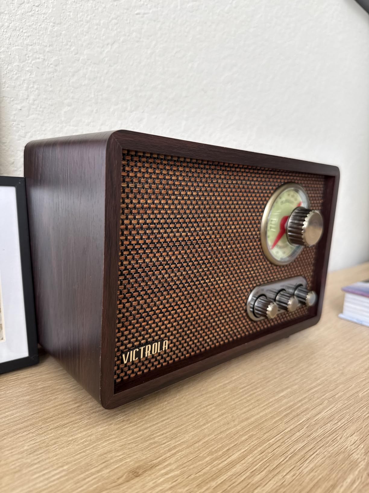 Victrola Willow - Retro Wood Bluetooth Radio, AM/FM - Walnut | Compact wood tabletop radio, analog AM/FM rotary dial, Bluetooth streaming, built-in speakers, bass and treble controls customer photo 1