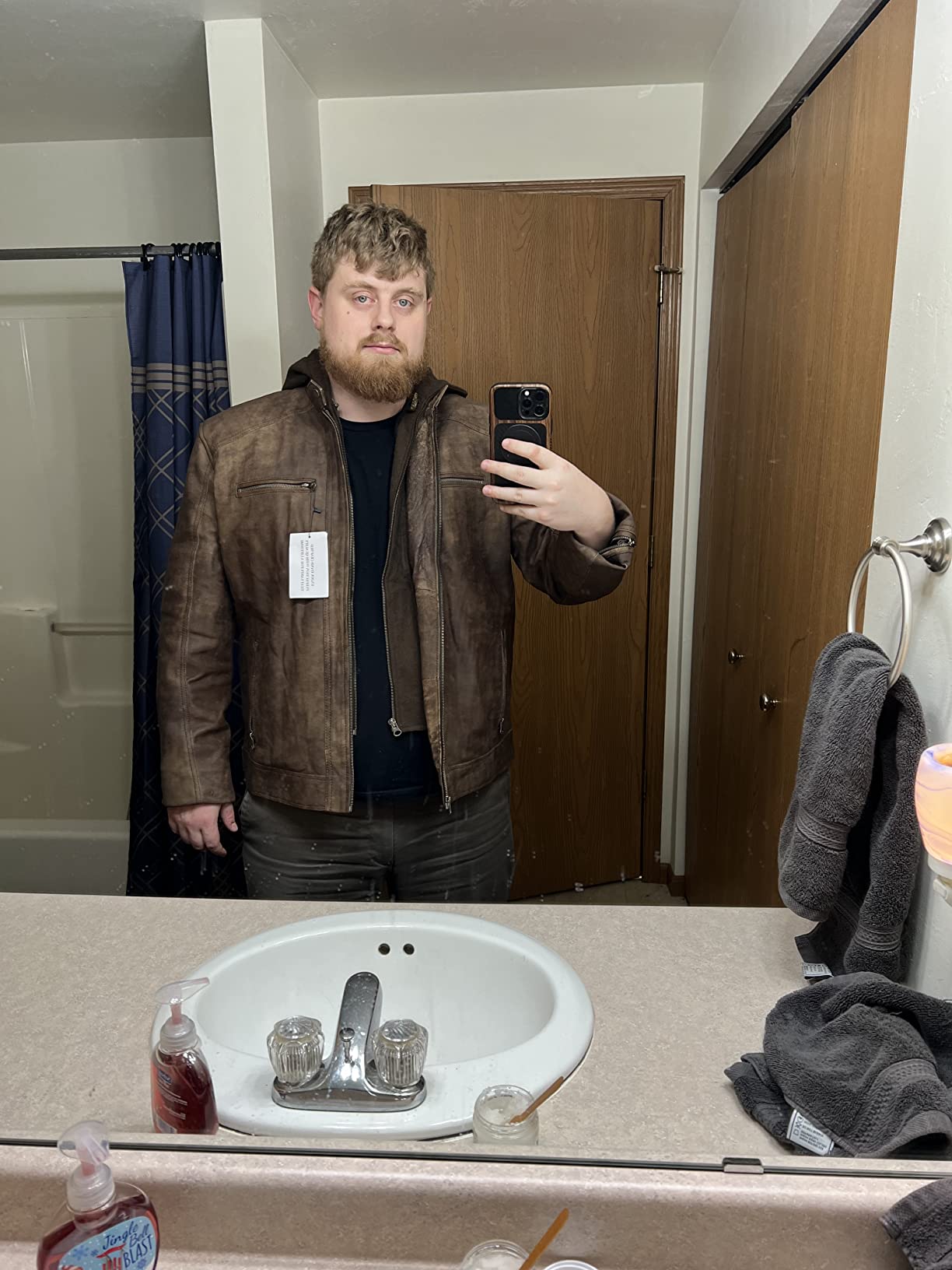 Mens Genuine Lambskin Leather Motorcycle Jacket with Removable Hood in Black Brown customer photo 1