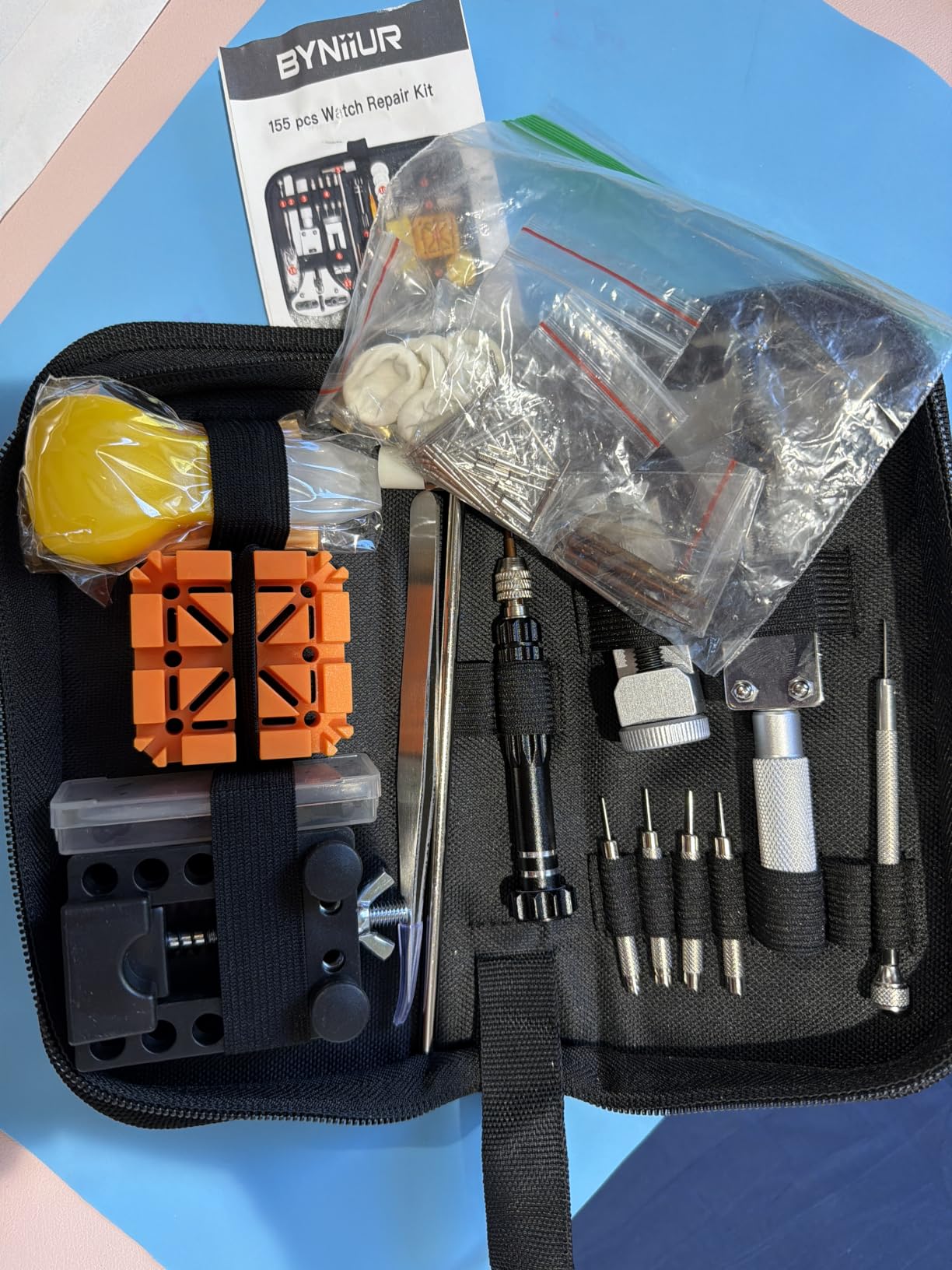BYNIIUR Watch Repair Kit, Watch Case Opener Spring Bar Tools, Watch Battery Replacement Tool Kit, Watch Band Link Pin Tool Set with Carrying Case and Instruction Manual customer photo 1