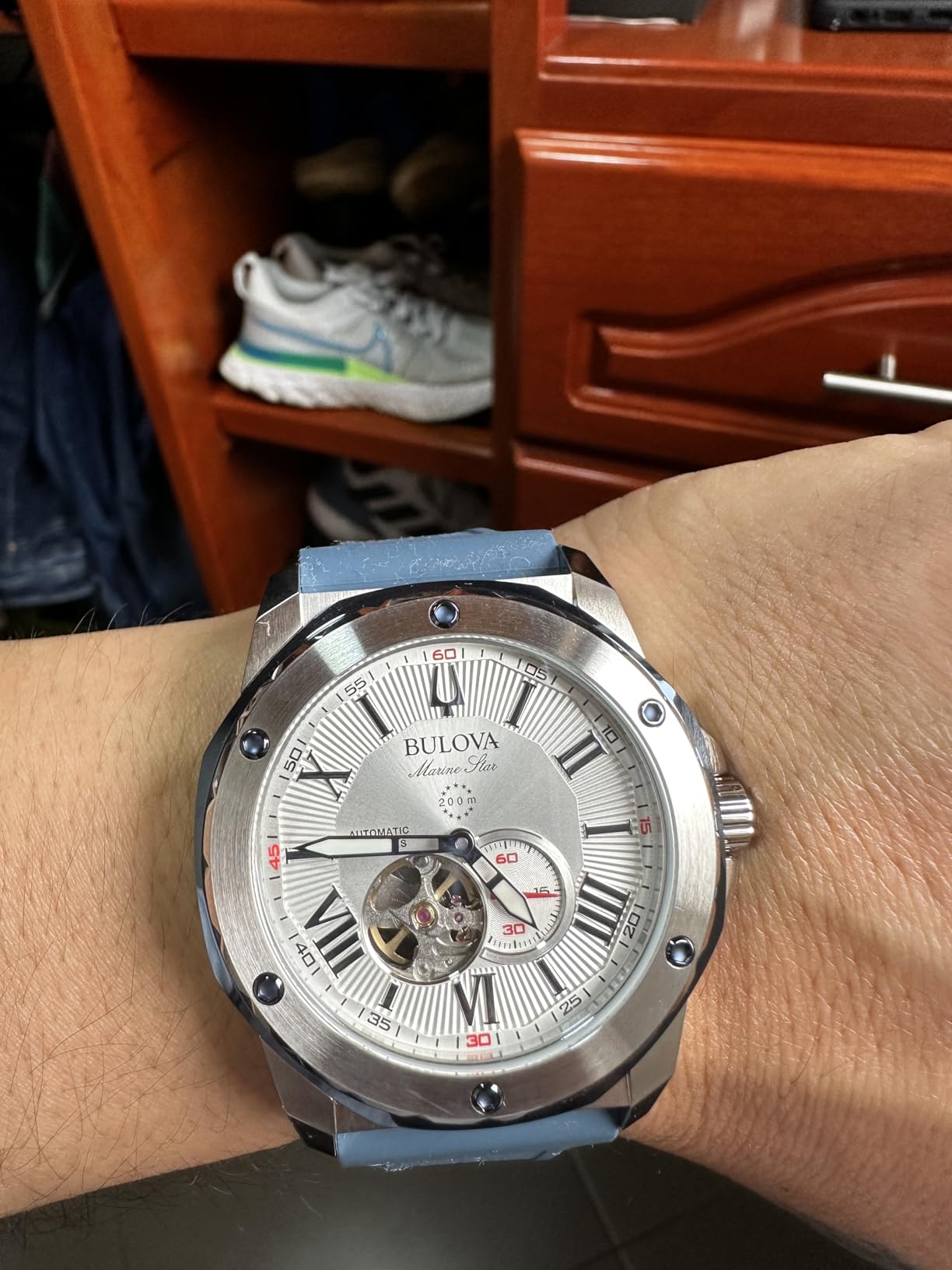 Bulova Men's Marine Star 'Series A' Automatic Stainless Steel Case with Blue Textured Silicone Strap, Open Aperture, Silver White Dial Model: 98A225 customer photo 1