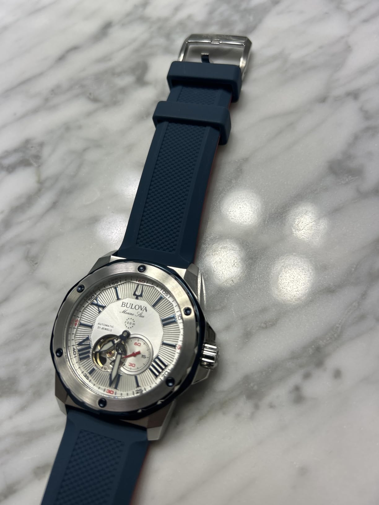 Bulova Men's Marine Star 'Series A' Automatic Stainless Steel Case with Blue Textured Silicone Strap, Open Aperture, Silver White Dial Model: 98A225 customer photo 2