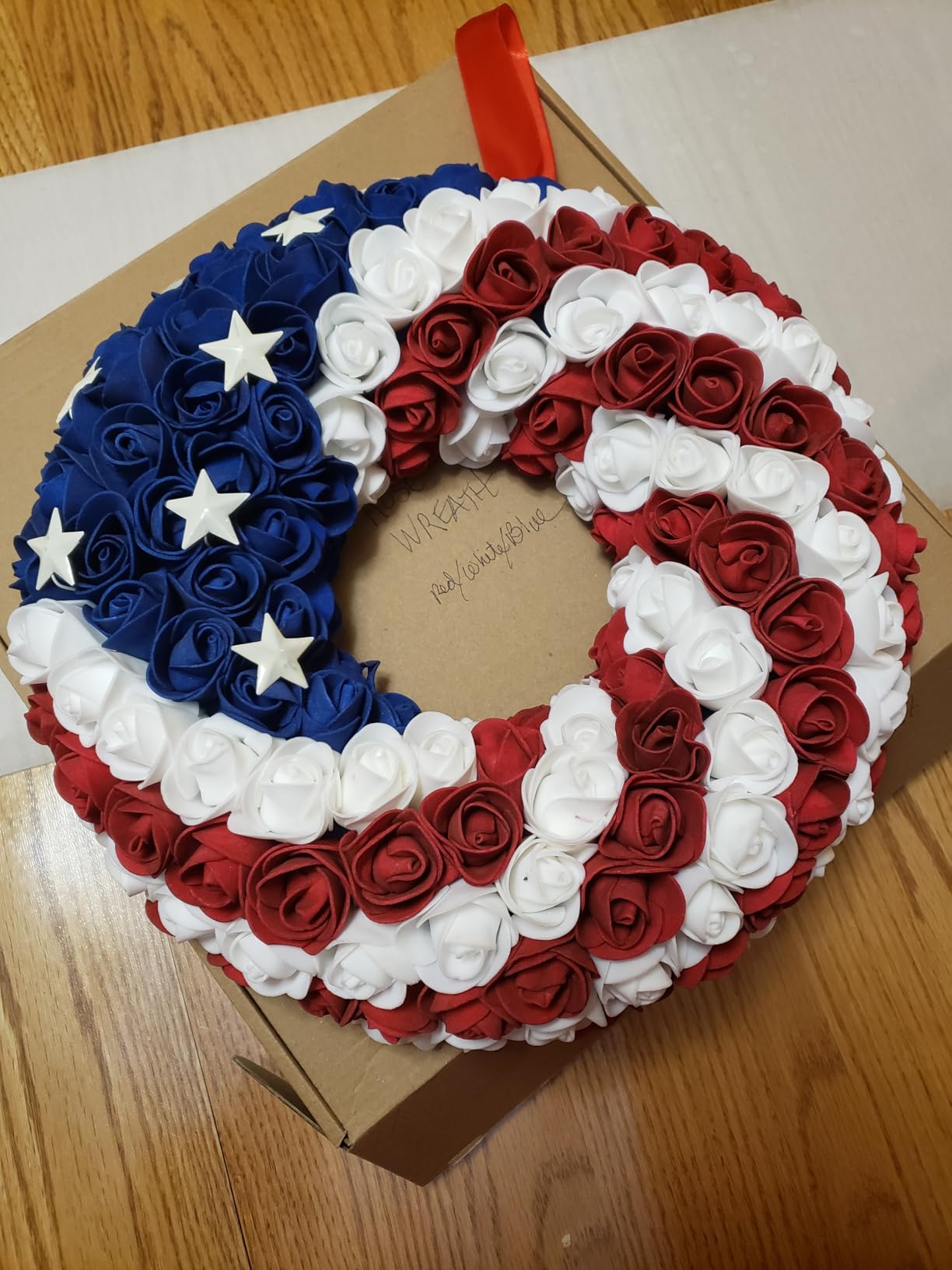 idyllic July 4th Patriotic Americana Wreath Boxwood Handcrafted Memorial Day Wreath Festival Garland Decoration Front Door Wall Home Decor (Blue) customer photo 2