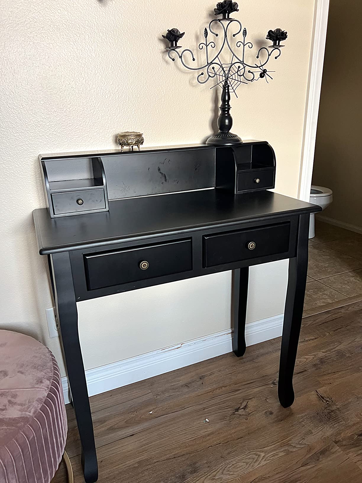 GIANTEX Writing Desk with 4 Drawers, Removable Floating Organizer 2-Tier Mission Home Computer Vanity Desk for Apartment Small Space (Black) customer photo 2