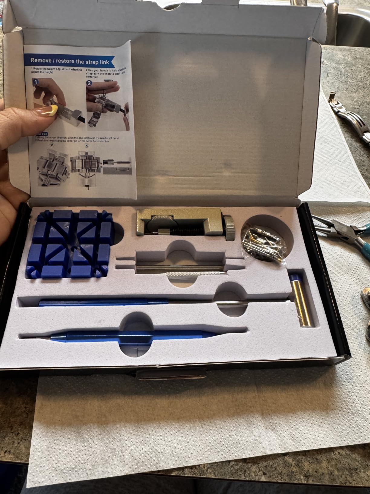 JOREST Watch Link Removal Tool Kit, Watch Band Tool for Watch Repair, Bracelet Adjustment, Replacement and Resizing, Watch Strap Link Remover, with 10 Spring Bars, 10 Pins, User Manual customer photo 1