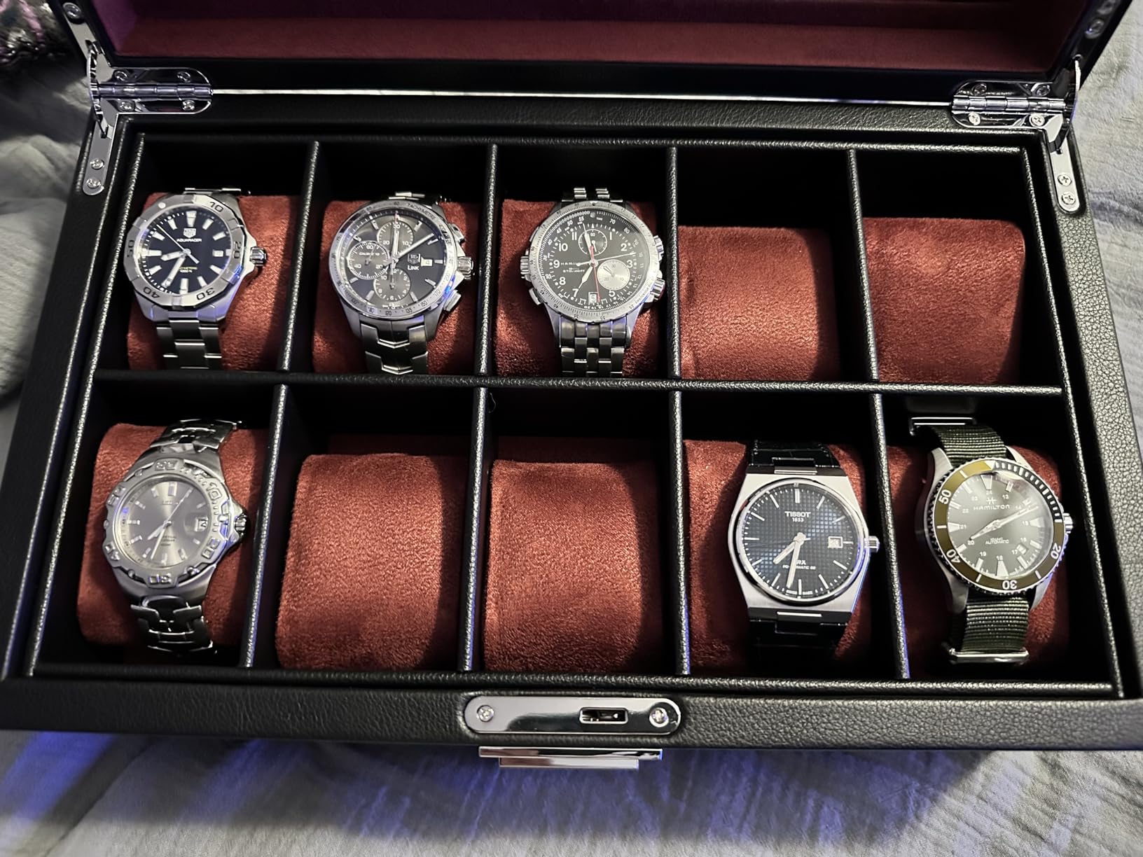ROTHWELL 10-Slot Watch Box in Leather with Valet Drawer, Luxury Watch Case Display Organizer with Ultra Soft Microsuede Liner, Jewelry and Sunglass Holder With Large Glass Top (Green/Tan) customer photo 2