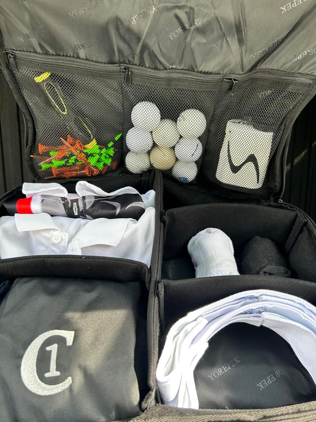 YOREPEK 2 Layer Golf Trunk Organizer, Golf Gifts for Men with Separate Ventilated Compartment for 2 Pair Shoes, Waterproof Car Trunk Locker for Balls, Tees, Clothes, Gloves, Gifts for Golfers customer photo 1