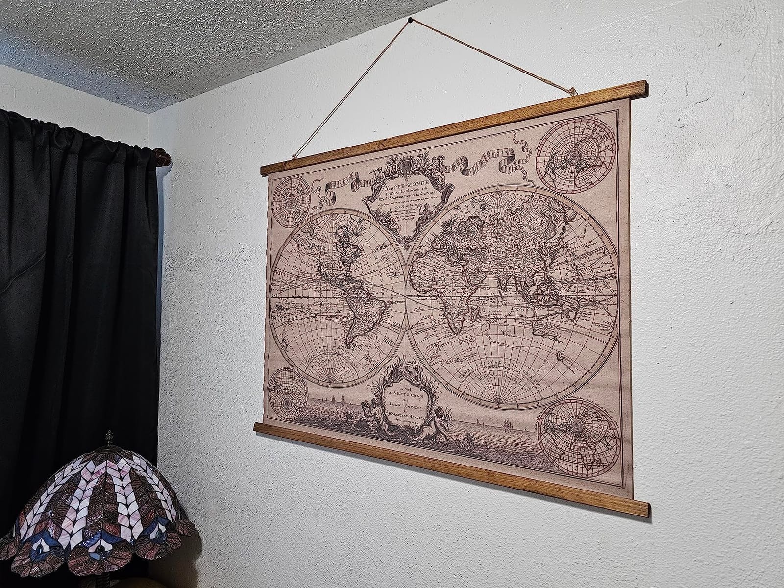 XIAOAIKA Vintage World Map Wall Decor - 17th Century Linen Print with Wooden Hanger, Double Hemisphere Design, Nautical and Mythological Illustrations, Retro Maritime Exploration Art, 39 x 29 Inches customer photo 2