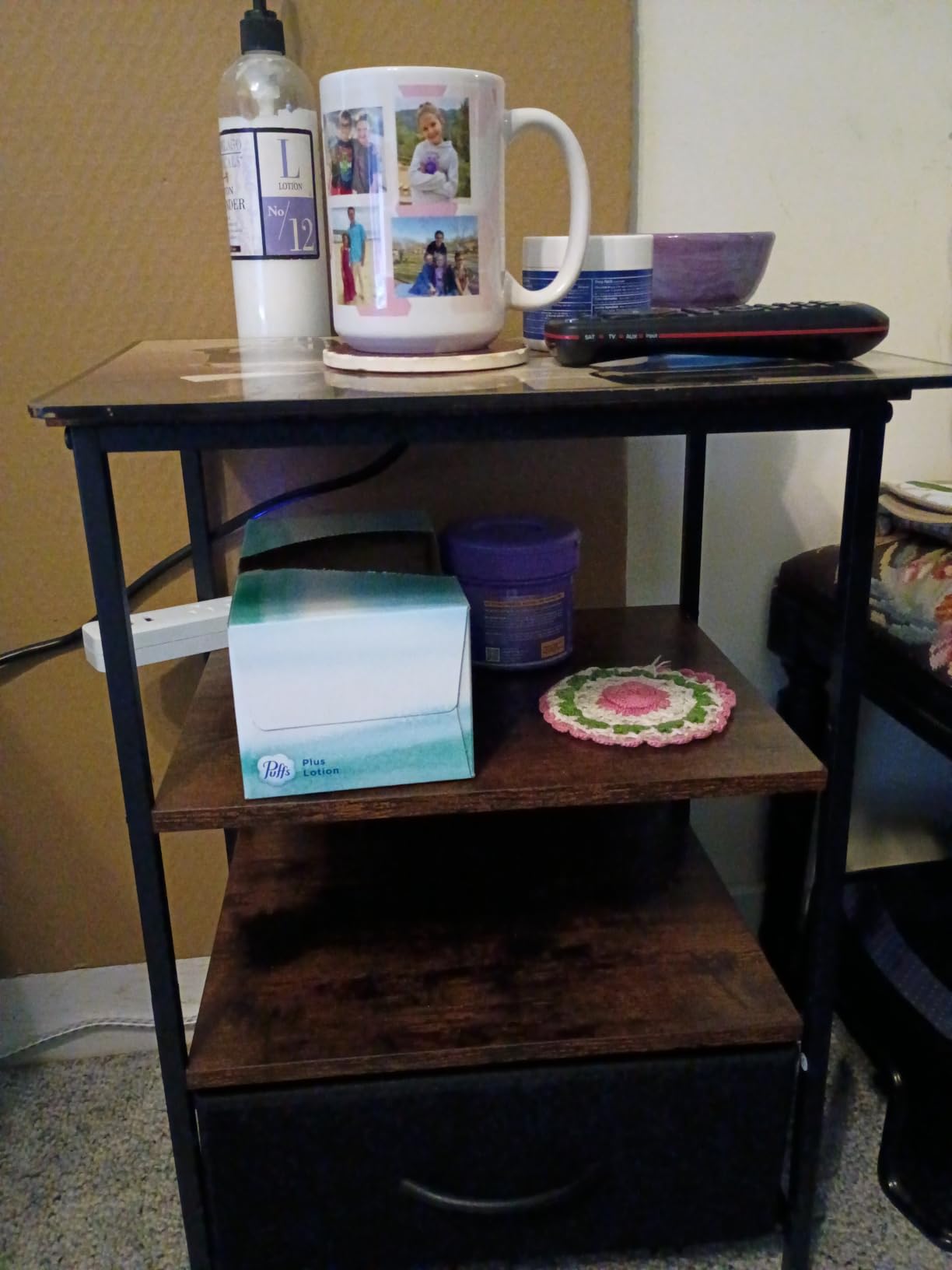 SUPERJARE Nightstand with Charging Station, Bed Side Table with Adjustable Fabric Drawer, Night Stand for Bedroom, 3-Tier Storage End Table, for Living Room, Rustic Brown and Black customer photo 1