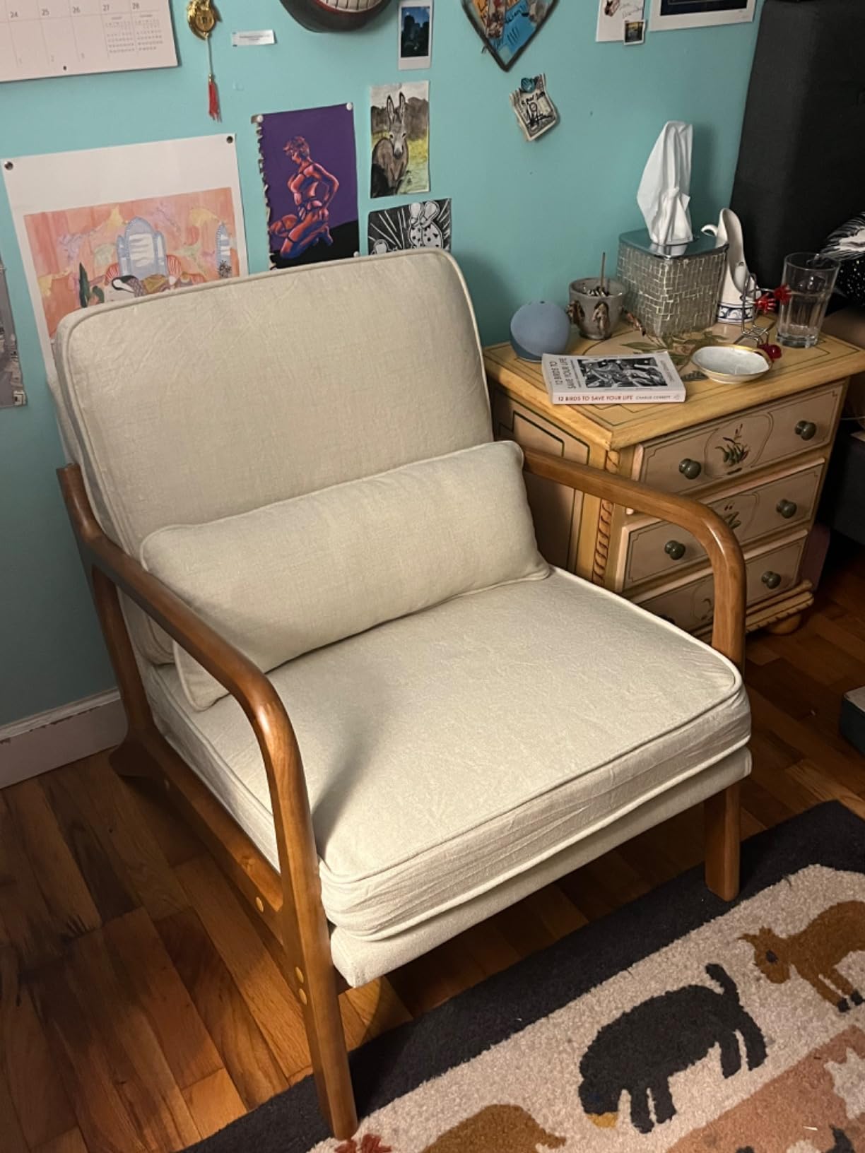 Karl home Mid-Century Modern Accent Reading Chair, Beige | Linen Upholstered, Solid Wood Frame, Soft Cushion, Lumbar Pillow, Lounge Armchair for Living Room, Bedroom, Balcony, Study customer photo 2