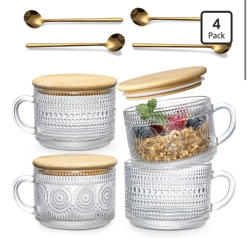 LANDNEOO 4pcs Set Vintage Coffee Mugs - 14oz Clear Embossed Glass Cups with Bamboo Lids and Spoons customer photo 2