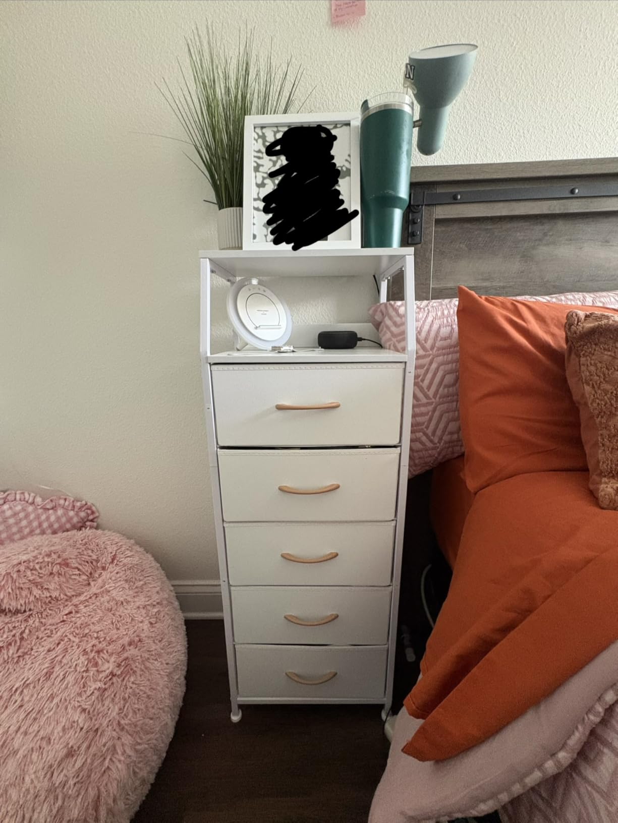 Furnulem White Night Stand with 3 Fabric Drawers, Small Bedside Table, 2-Tier Shelf, Nightstand with Drawer for Bedroom, Storage Cabinet for Dorm, Closet, Living Room, Sturdy Steel Frame, Wood Top customer photo 1