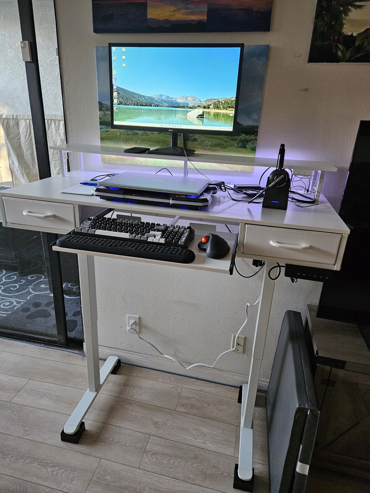 AODK Electric Standing Desk with Drawers & Keyboard Tray, 55 Inch Height Adjustable Gaming Desk with Power Outlets & LED Lights, Sit Stand Table with Monitor Stand for Home, Office, Rustic Brown customer photo 1