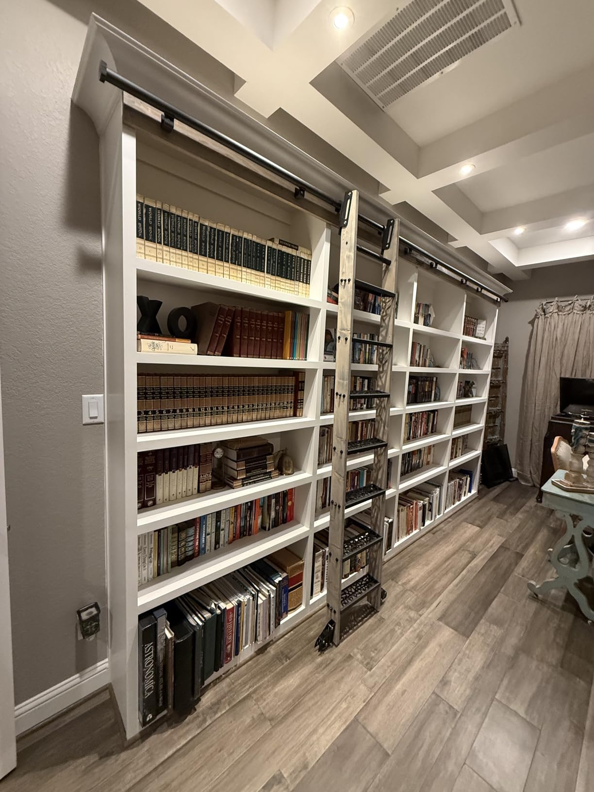8FT Telescopic Hook-on Sliding Library Ladder Hardware | Hook-on ladder lifts off the track for easy repositioning or storage, Brake bottom wheel, 300 lbs capacity customer photo 2