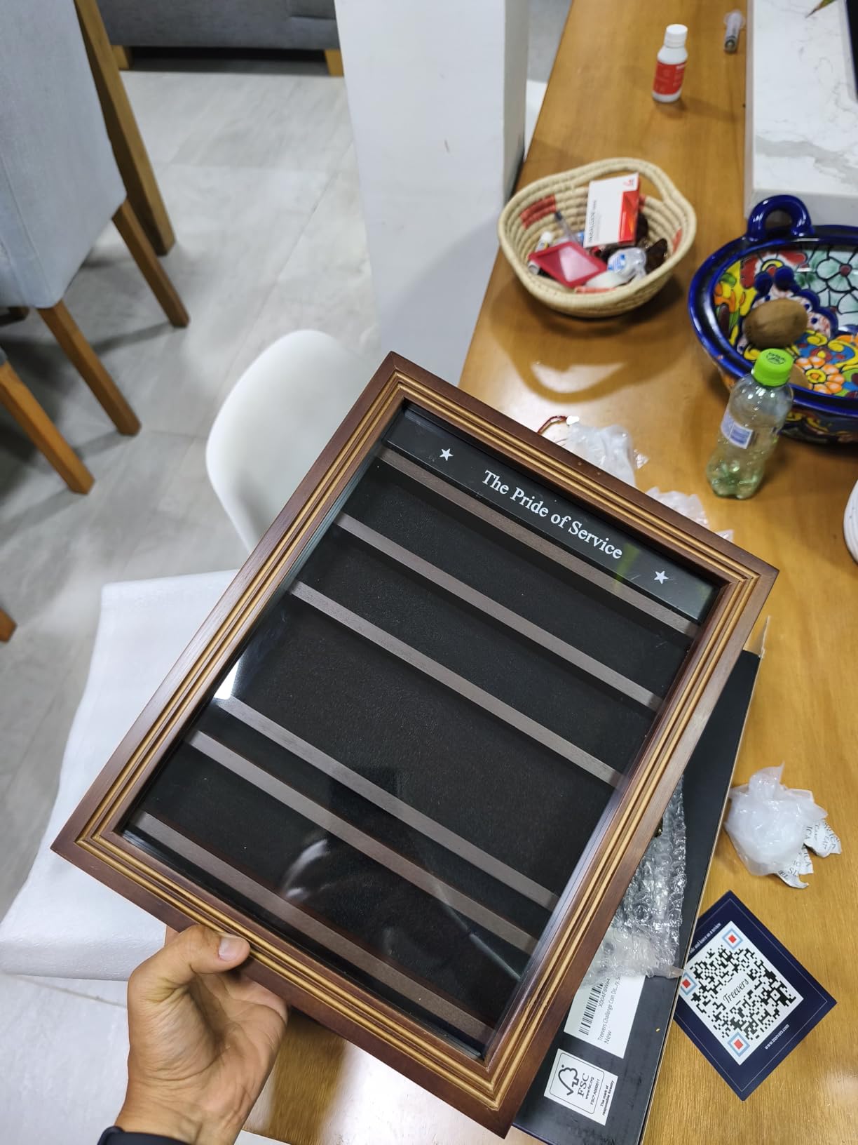Treevers Large Challenge Coin Display Case - Pride of Service Engraved Edition - 17-Slot Military Shadow Box for Army, Navy & Police - Solid Wood Cabinet with Lockable Crystal-Clear Door & Wall Mount customer photo 2