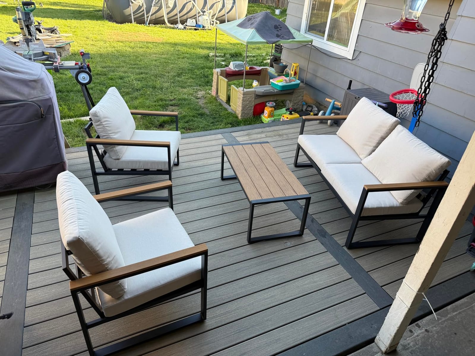 4 Pieces Metal Patio Furniture Set for Outdoor Balcony, Beige | 350LBS, With Coffee Table, Removable Cover, Water-Resistant, Rust-Resistant, Faux Wood Arm, 4 Inch Cushion, For Porch Backyard customer photo 2