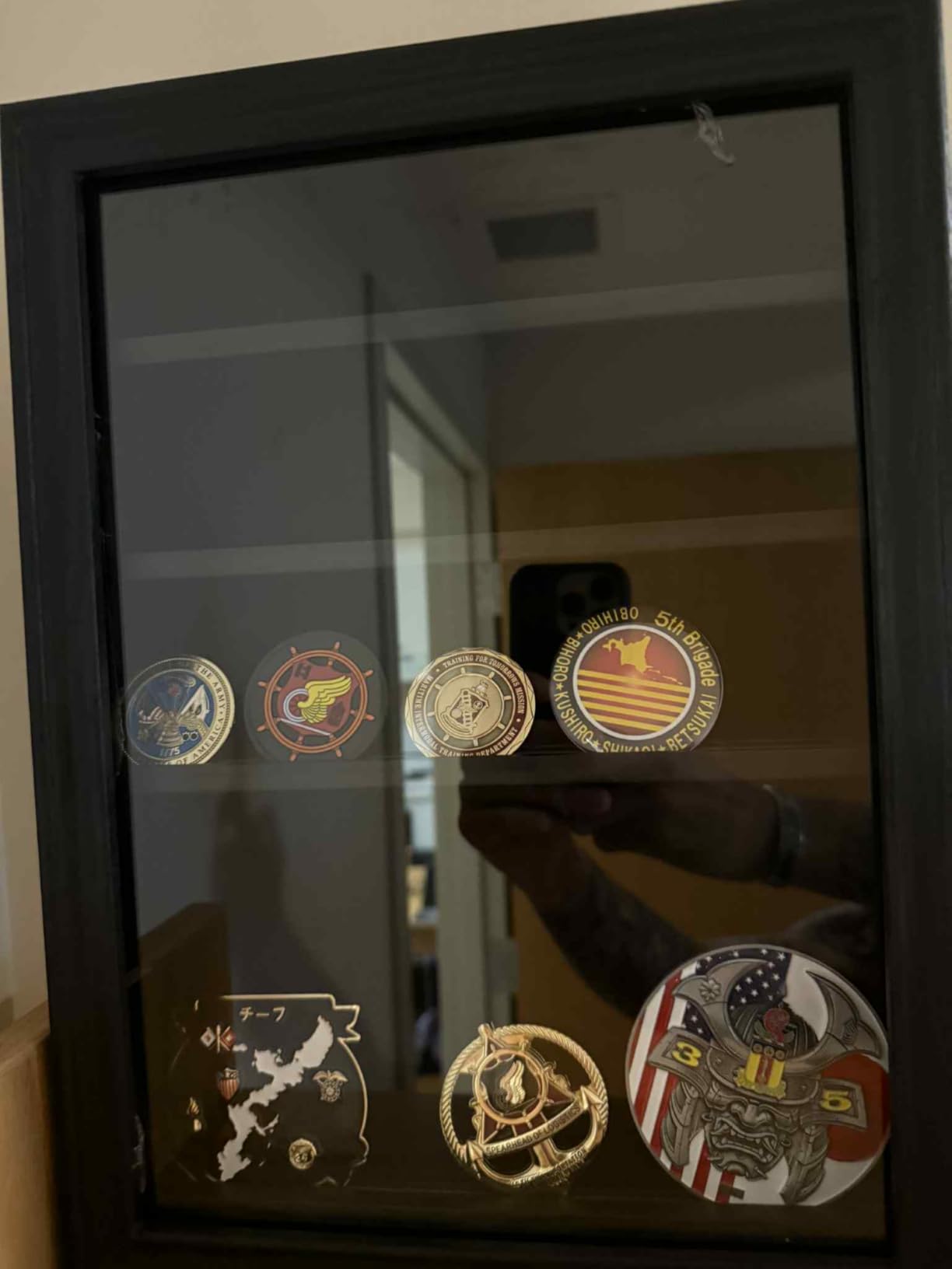 Military Challenge Coin Display Shadow Box Holds Up to 70 Coins, Lockable Wall-Mounted Cabinet for Medals, Pins, Patches & Ribbons, Removable Shelves, Pinnable Velvet Backing, UV Acrylic Door (Black) customer photo 2