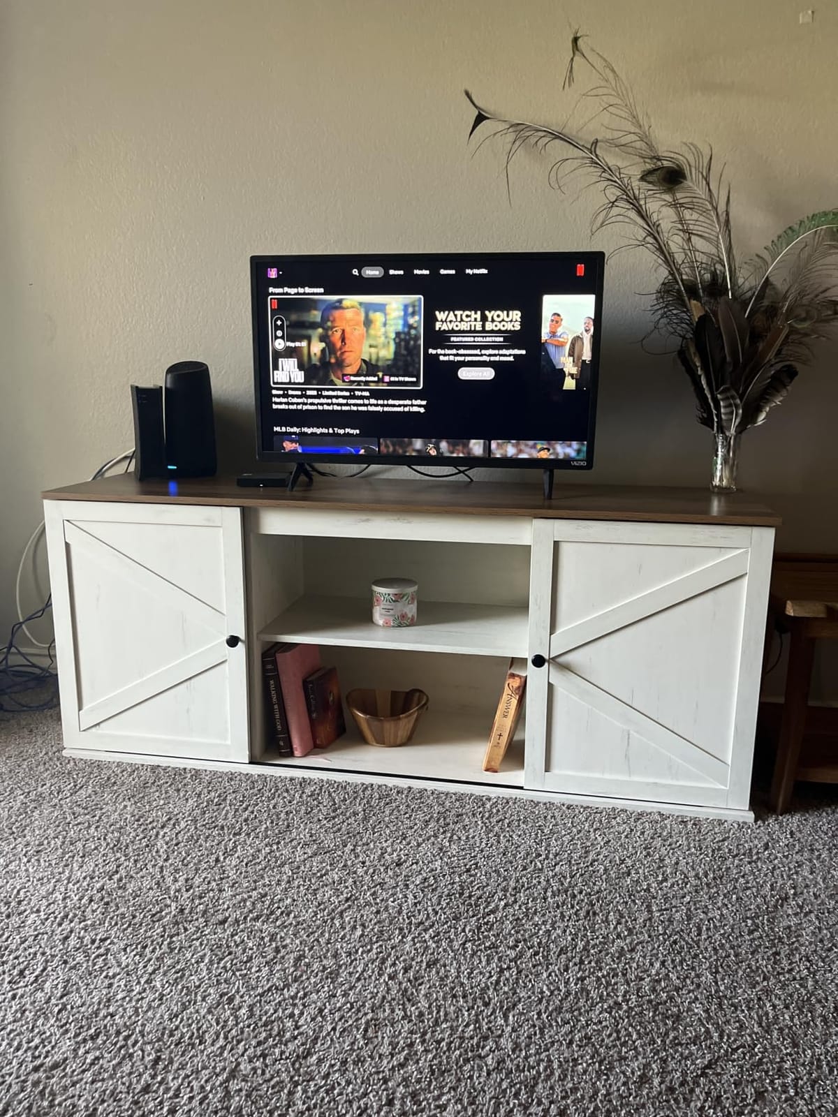 VASAGLE Farmhouse TV Stand for TVs up to 65 Inches, Entertainment Center with Storage Cabinets and Sliding Barn Doors, Media Console Table for Living Room, Rustic White and Honey Brown ULTV535W01 customer photo 2