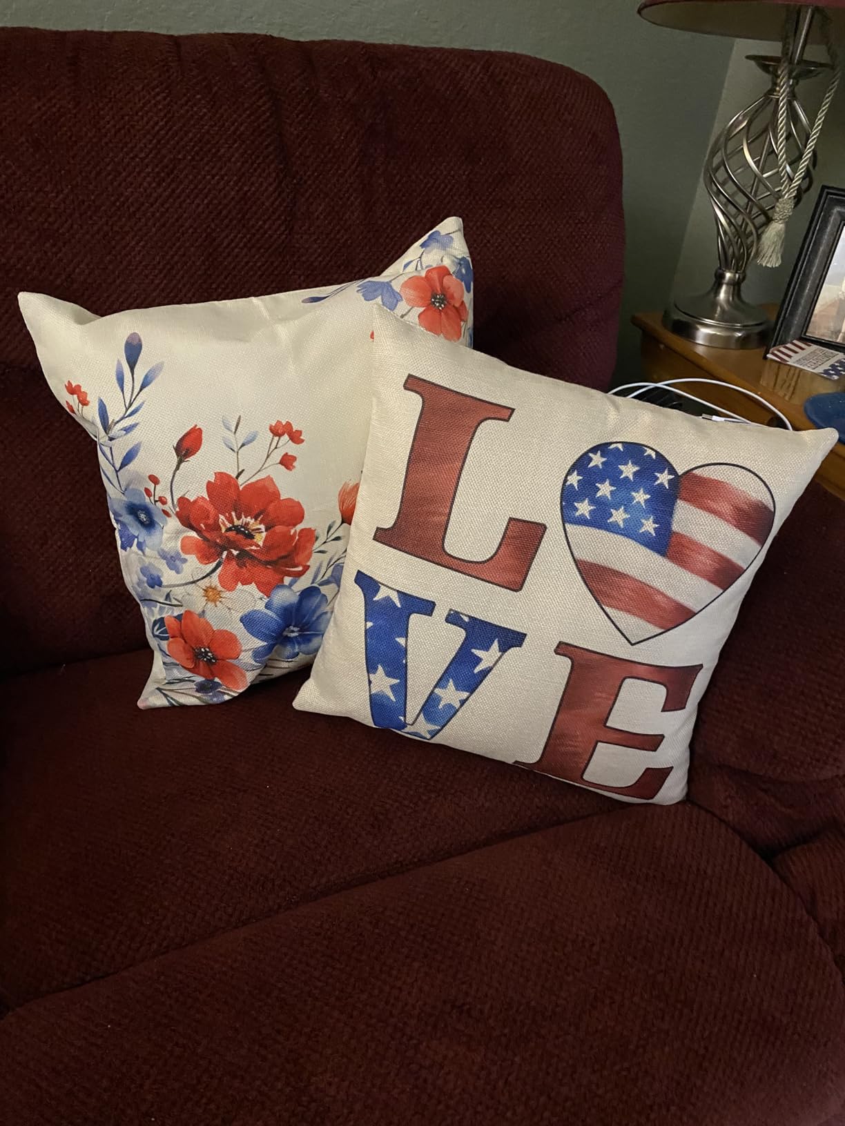 RABUSOFA 4th of July Memorial Day Patriotic Throw Pillow Cover,18x18 Inch Red White and Blue Flowers Independence Day American Fourth of July Decoration for Sofa Couch Set of 2 customer photo 2