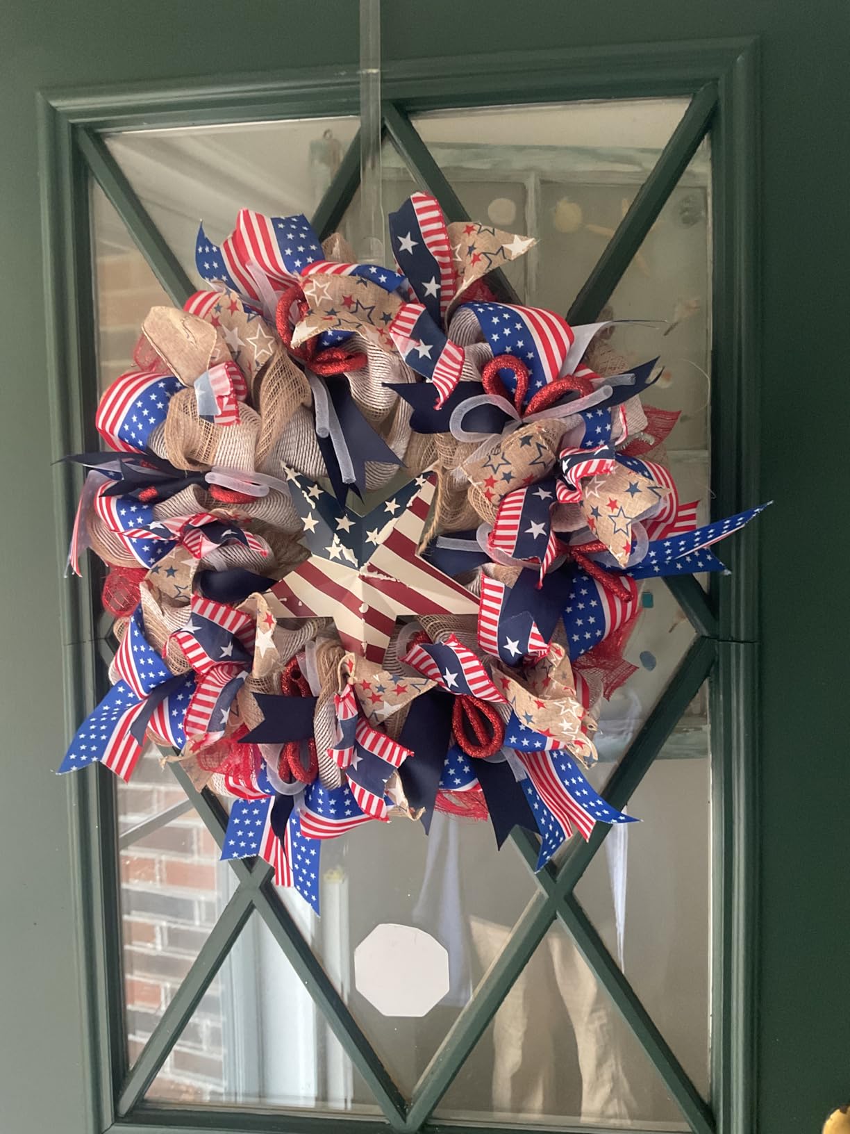 Patriotic Day Memorial Day American Flag Color Burlap Mesh Wreaths for Front Door Independence Day 4th of July Wreath for Indoor and Outdoor Red White Blue Ribbon Mesh Wreath (22in) customer photo 1