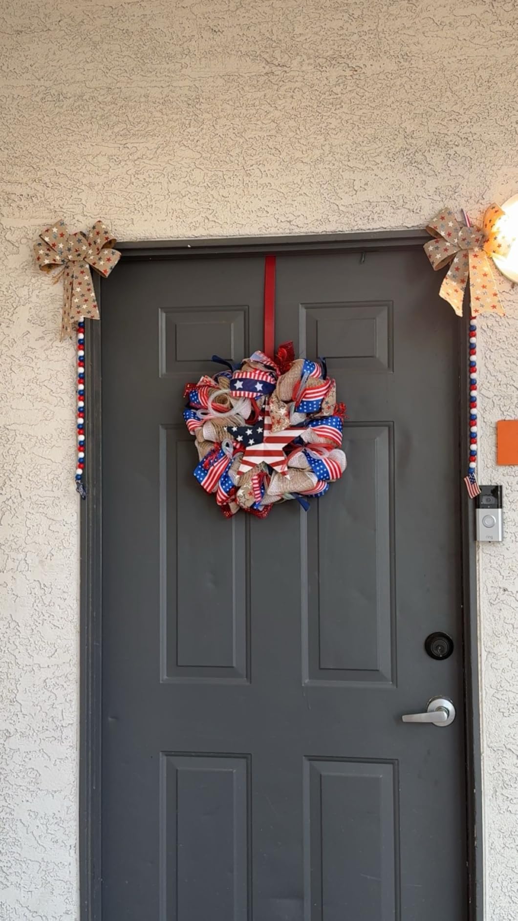 Patriotic Day Memorial Day American Flag Color Burlap Mesh Wreaths for Front Door Independence Day 4th of July Wreath for Indoor and Outdoor Red White Blue Ribbon Mesh Wreath (22in) customer photo 2