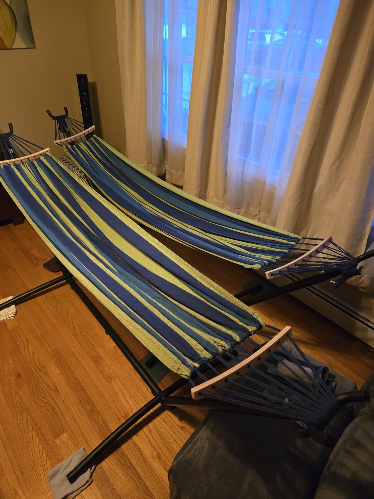 ANAGOO 2 Person Hammock with Stand, 500 lb Indoor Outdoor, Wide Blue | Adjustable Height | Heavy Duty Steel Stand | Anti-Tip Spreader Bars | Tool-Free 10-Min Setup customer photo 1