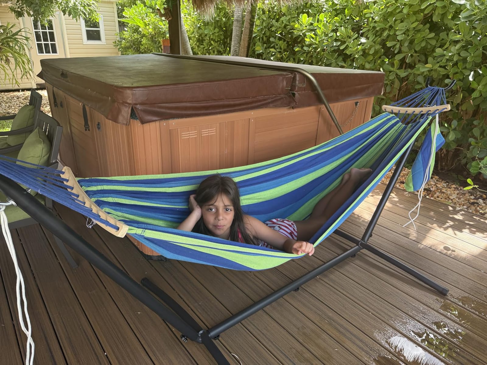 ANAGOO 2 Person Hammock with Stand, 500 lb Indoor Outdoor, Wide Blue | Adjustable Height | Heavy Duty Steel Stand | Anti-Tip Spreader Bars | Tool-Free 10-Min Setup customer photo 2