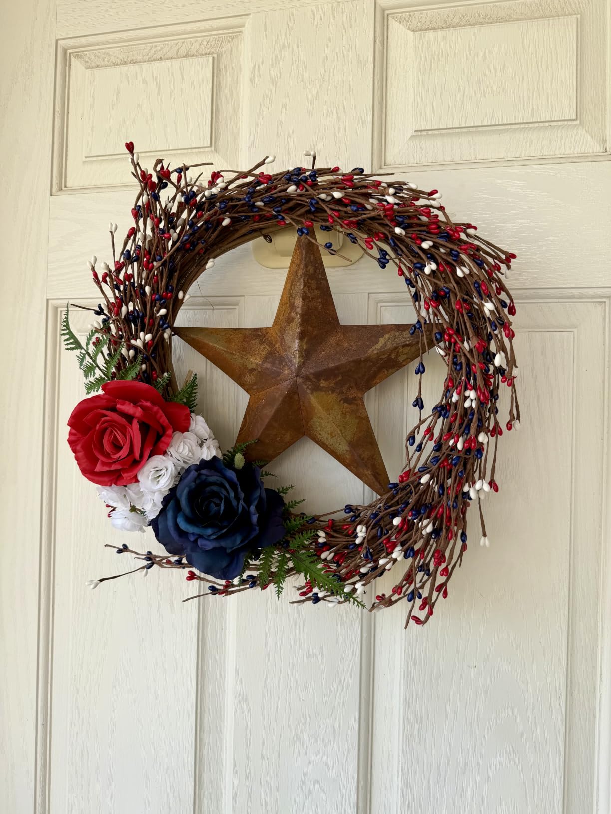 NeoL'artes 20inch Patriotic Wreaths for Front Door, 4th of July Pip Berry Grapevine Wreath White Blue Stars and Berries, Independent Day Porch Door Window Decor customer photo 2