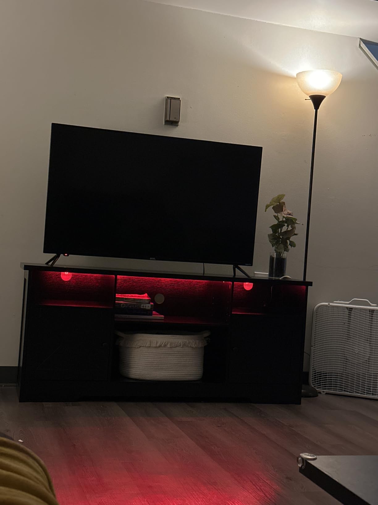 Casaottima TV Stand for 65 Inch TV, Farmhouse Entertainment Center with Power Outlet & LED Light and Storage Cabinets, Console Table and Media Furniture for Living Room Bedroom, White customer photo 1