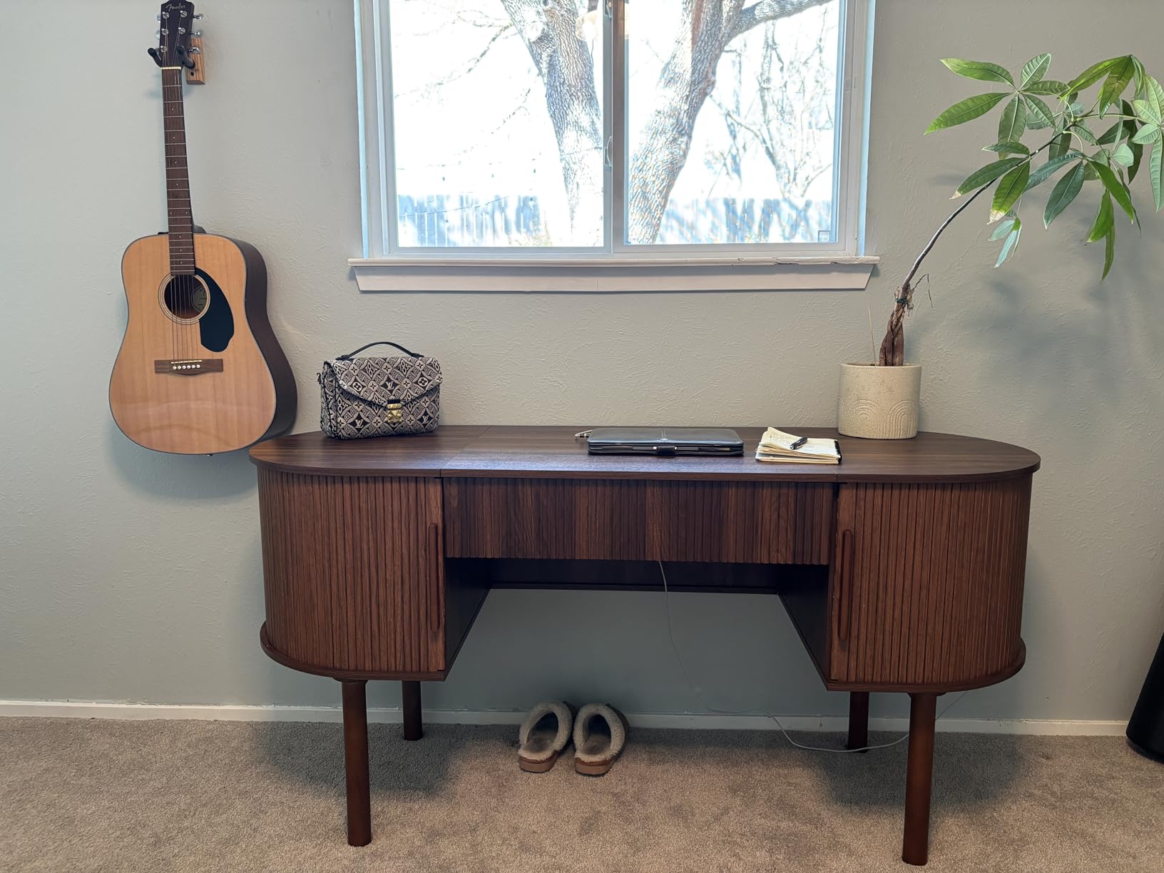 ORRD Home Office Oval Desk with Sliding Tambour Door and Drawer, Modern Fluted Wood Executive Computer Storage Desk for Study, Living Room, Bedroom, Office - Walnut customer photo 1