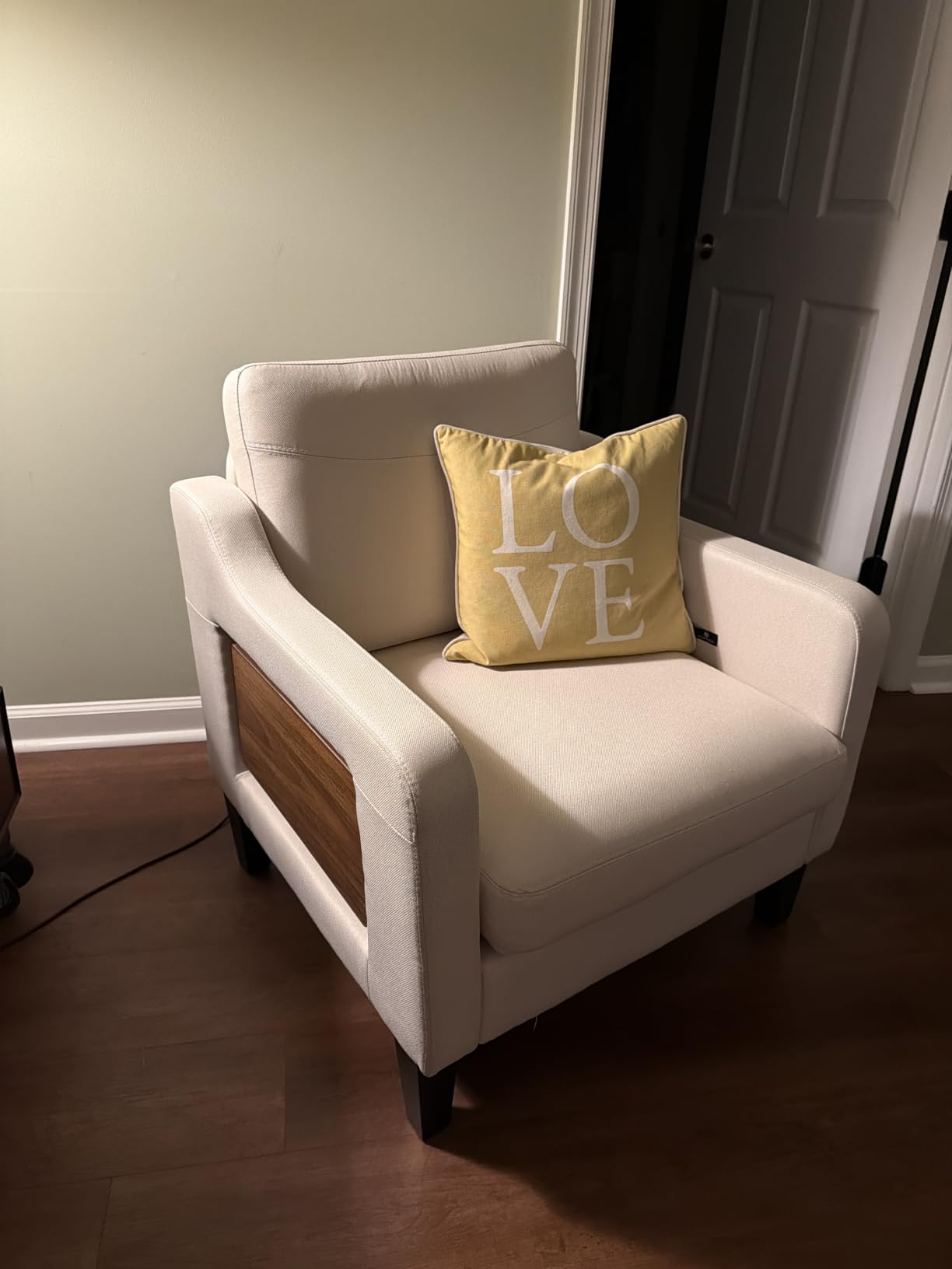 Upholstered Accent Chair with Foldable Side Table for Living Room | 2 Side Pockets, Modern Linen Armchair Wooden Fabric Chairs for Living Room, Comfy Reading for Bedroom/Office customer photo 2