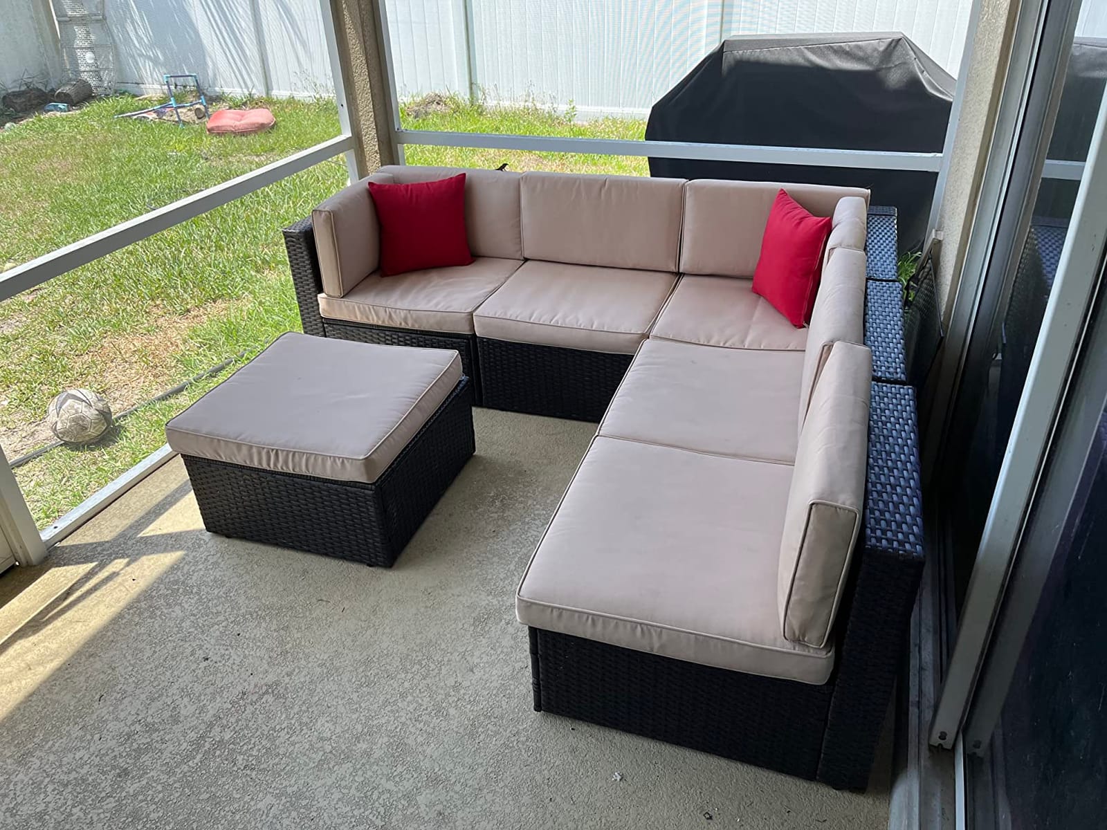 Shintenchi 7 Pieces Patio Furniture Sets Outdoor All-Weather Sectional Patio Sofa Set PE Rattan Manual Weaving Wicker Patio Conversation Set with Glass Table&Ottoman Cushion and Red Pillows, Beige customer photo 2