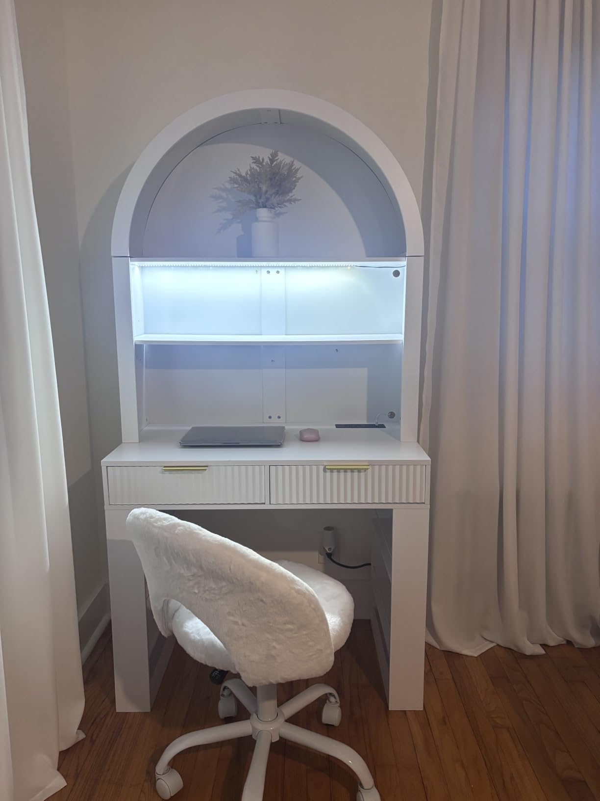 Arched Writing Desk with Hutch, Home Office Desk with 2 Fluted Drawers, Secretary Desk with Outlets, LED Lights, Bookshelves, Wood Computer Desk for Small Space, Bedroom 35.4