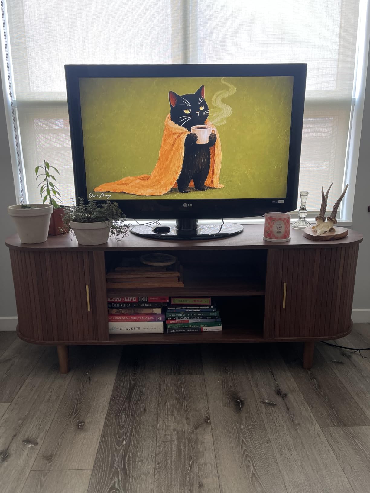 VASAGLE 58 Inch TV Stand, Mid Century Entertainment Center with Storage, Media Console Table for Living Room, TV table with Fluted Sliding Doors for 65'' TV, Walnut, MIRIANA Collection ULTV633K101 customer photo 2