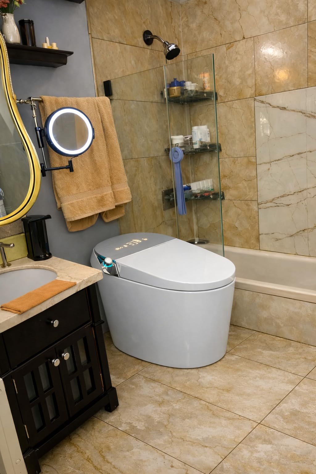 Modern Smart Toilet with Built-In Bidet, Electric Toilet, Auto Open/Close Lid, Heated Seat, Dual Auto Flush & Foot Sensor, Tankless, Warm Water Wash & Dryer, Wireless Remote, 1000g MaP customer photo 1
