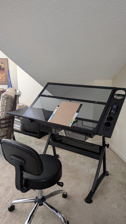 Yaheetech Adjustable Drafting Table & Stool, Tilting Glass Art Desk, Black customer photo 1