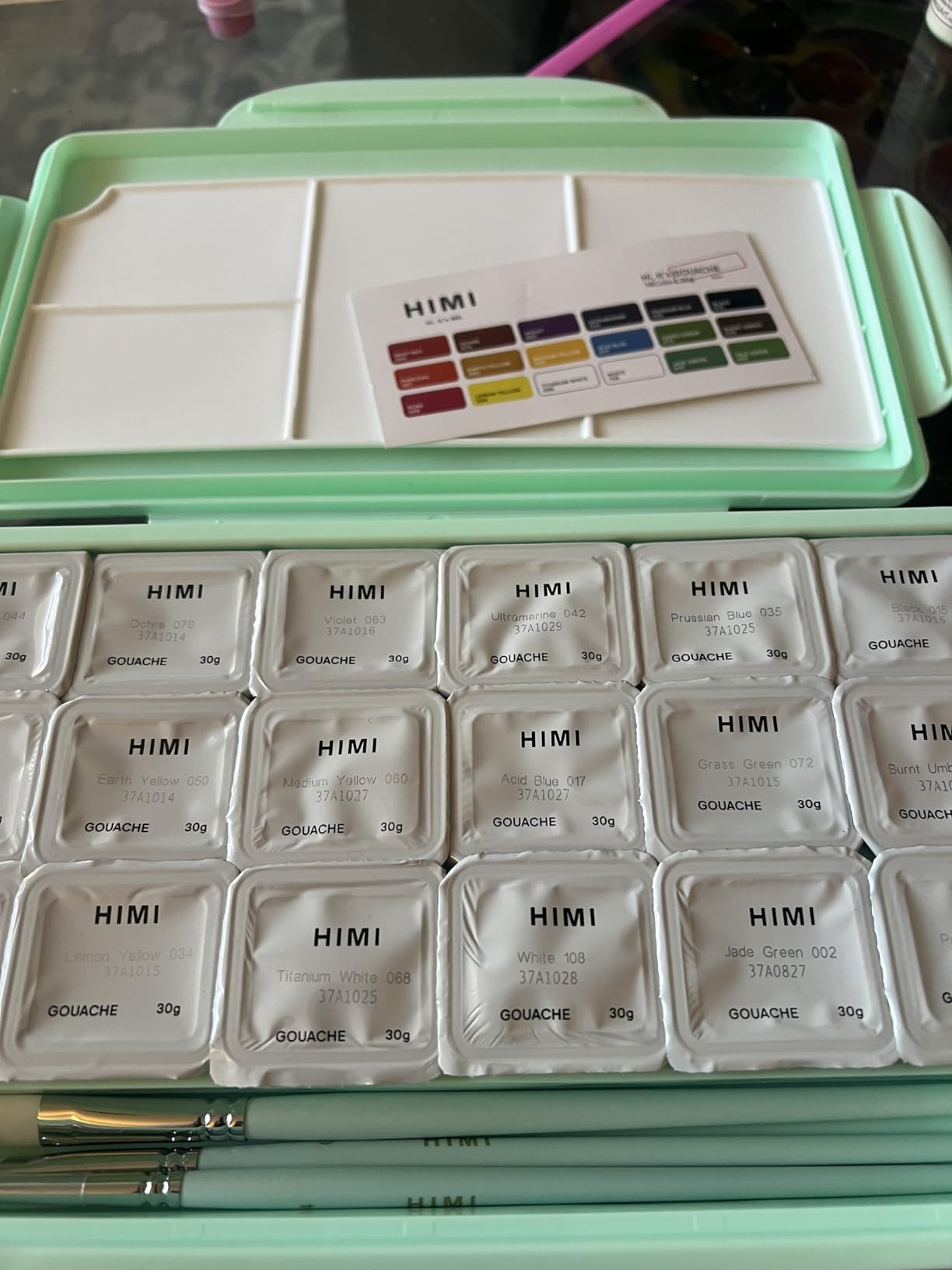 HIMI Gouache Paints Set, 18 Colors, 30g, jelly gouache paint set, Non Toxic Paint for Canvas and Paper, Art Supplies for Professionals, and More (Green Case customer photo 1