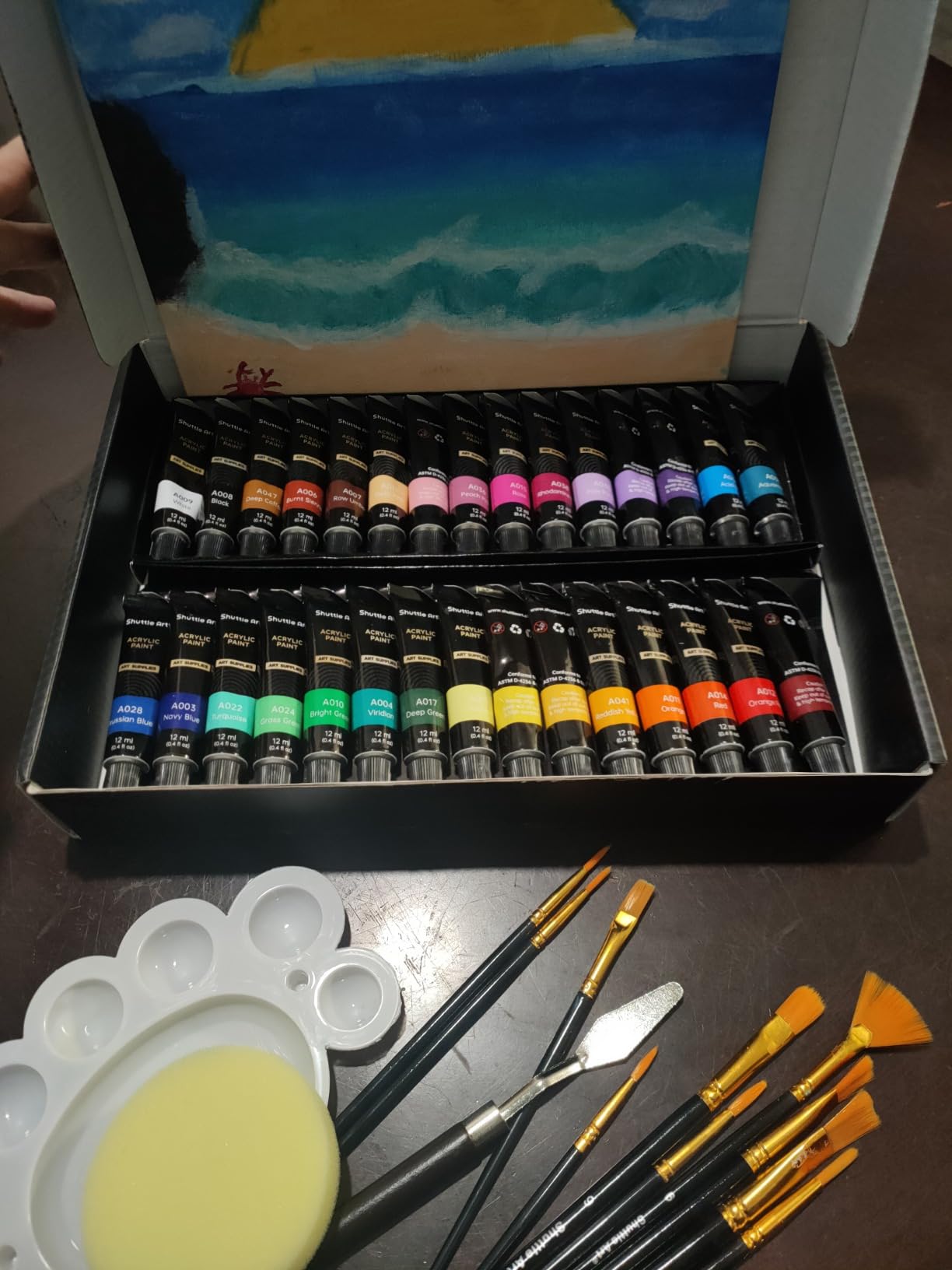 Shuttle Art 46 Pack Acrylic Paint Set, 30 Colors Acrylic Paint with 10 Brushes 3 Canvas 1 Knife Palette Sponge, Complete Painting Set for Kids, Adults, Beginners, Painting Wood, Ceramic customer photo 1