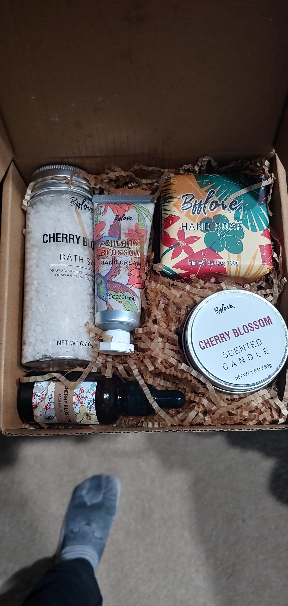 BFFLOVE Gift Set for Women 5pcs Cherry Blossom Spa Set, Birthday Presents for Her with Massage Oil, Scented Candle, Bath Salts, Hand Cream, Mothers' Day Gifts for Her customer photo 2