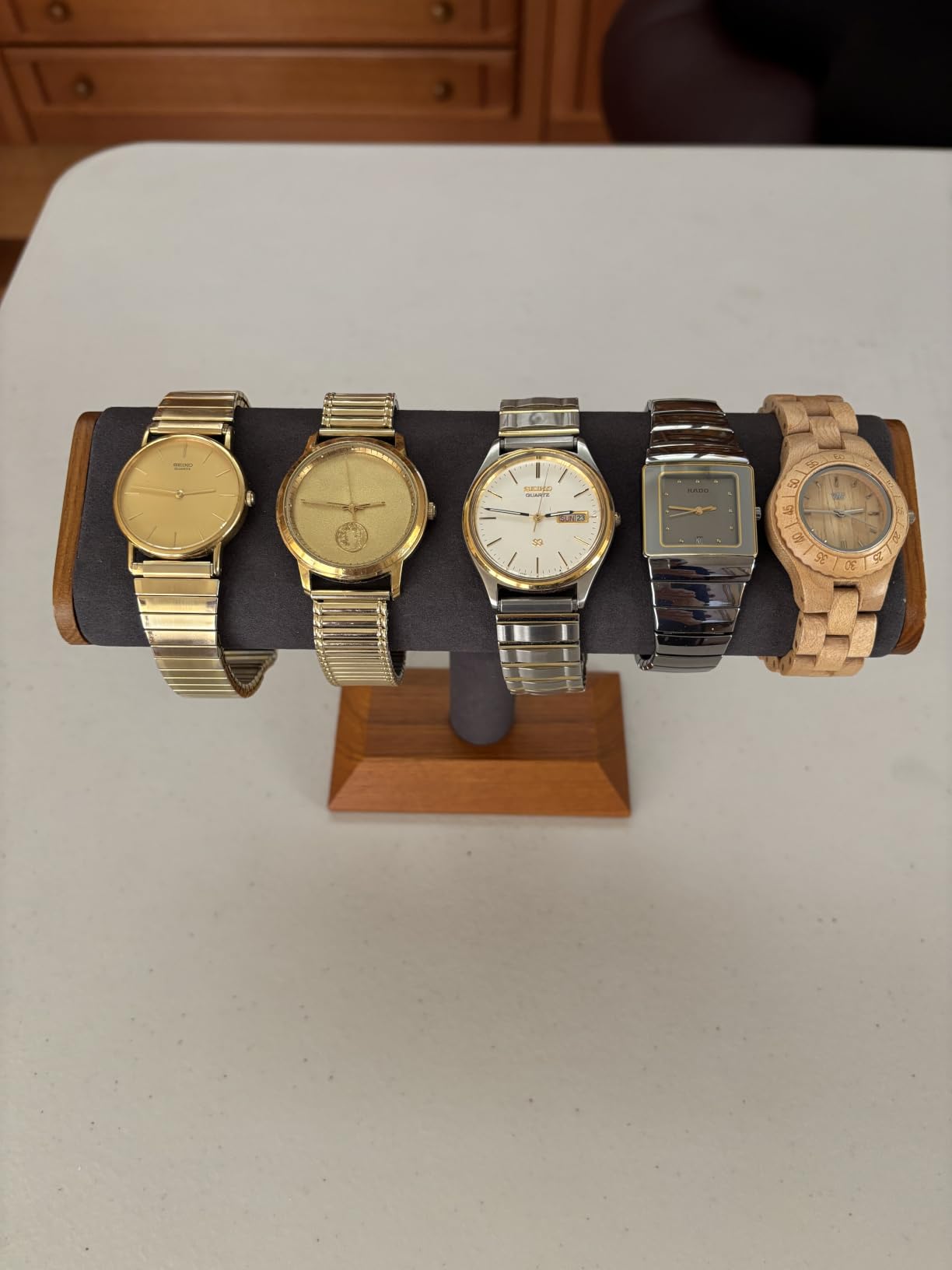 Oirlv Solid Wood T-Bar Watch Display Stand Jewelry Organizer Holder for Watch Bracelet Countertop Table Top Jewelry Tower(Grey) customer photo 2