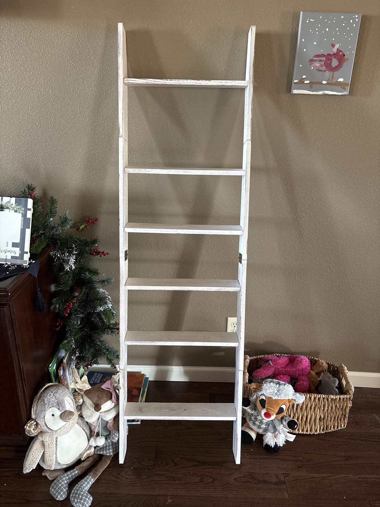 Honest Blanket Ladders for the Living Room, 5-Tier Blanket Holder, Wall-Leaning Blanket Rack, Ladder Shelves, Wooden Quilt Ladder, Farmhouse Decor, White customer photo 2