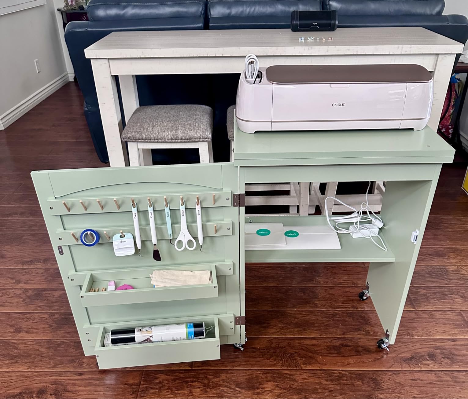 Best Choice Products Folding Sewing Table Multipurpose Craft Station & Side Desk with Compact Design, Wheels, Shelves, Storage Trays, Pegs, Magnetic Doors, Metal Doorknobs - White customer photo 1
