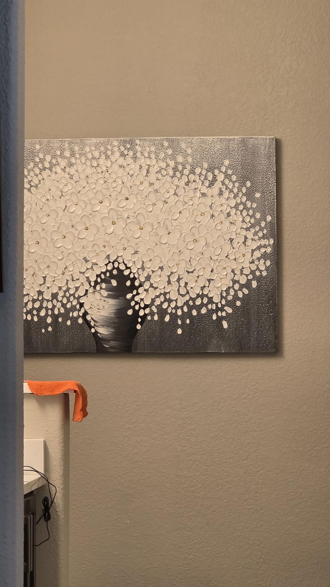 100% Hand-Painted White Flower Art Oil Painting, Modern Home Furnishing Canvas Painting Decoration, 3D Abstract Mural Painting,24x24 inch Frame Wall Art Hanging customer photo 1