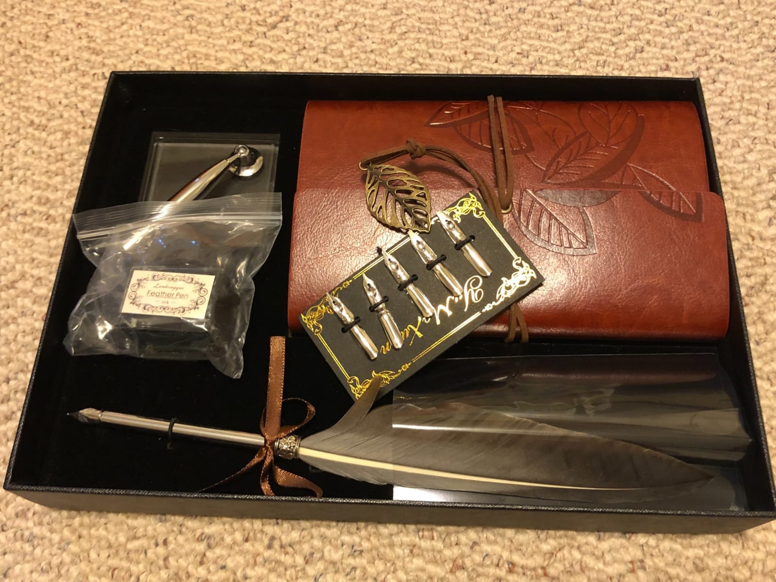 GCCL Quill Pen and Ink Set, Antique Feather Dip Calligraphy Pen Set, including Feather Pen, 5 Replacement Nibs, Pen Nib Base, Notebook, Ink, Gift Box, Best Gifts for Men Dad (Grey) customer photo 2