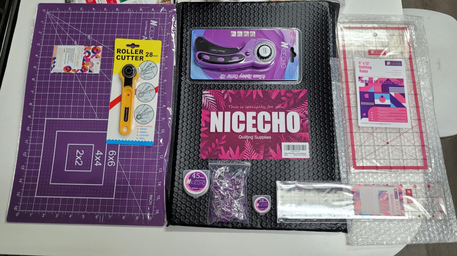 Rotary Cutter Set,Nicecho Sewing Quilting Supplies,45mm & 28 mm Fabric Cutters,8 Rotary Cutter Blades,A3 Cutting Mat for Sewing,6x12 & 2.5x12 In Quilting Rulers,Ideal Quilt kits for Lovers & Beginners customer photo 1