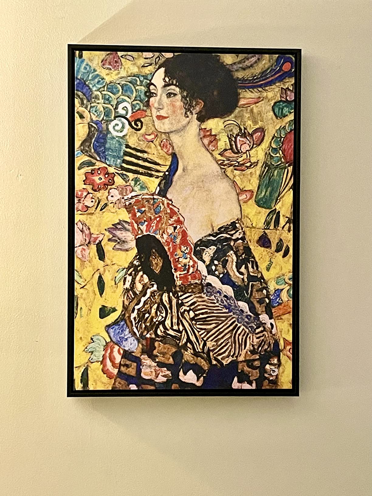 NWT Framed Canvas Print Wall Art Gustav Klimt's Lady with Fan Historic Oil Painting Baroque Traditional Scenic Colorful for Living Room, Bedroom, Office - 24