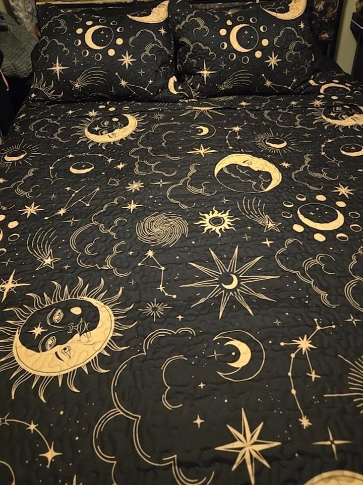 EXQ Home Quilt Set Full Queen Size Black Print Black Sun Starry Pattern customer photo 2