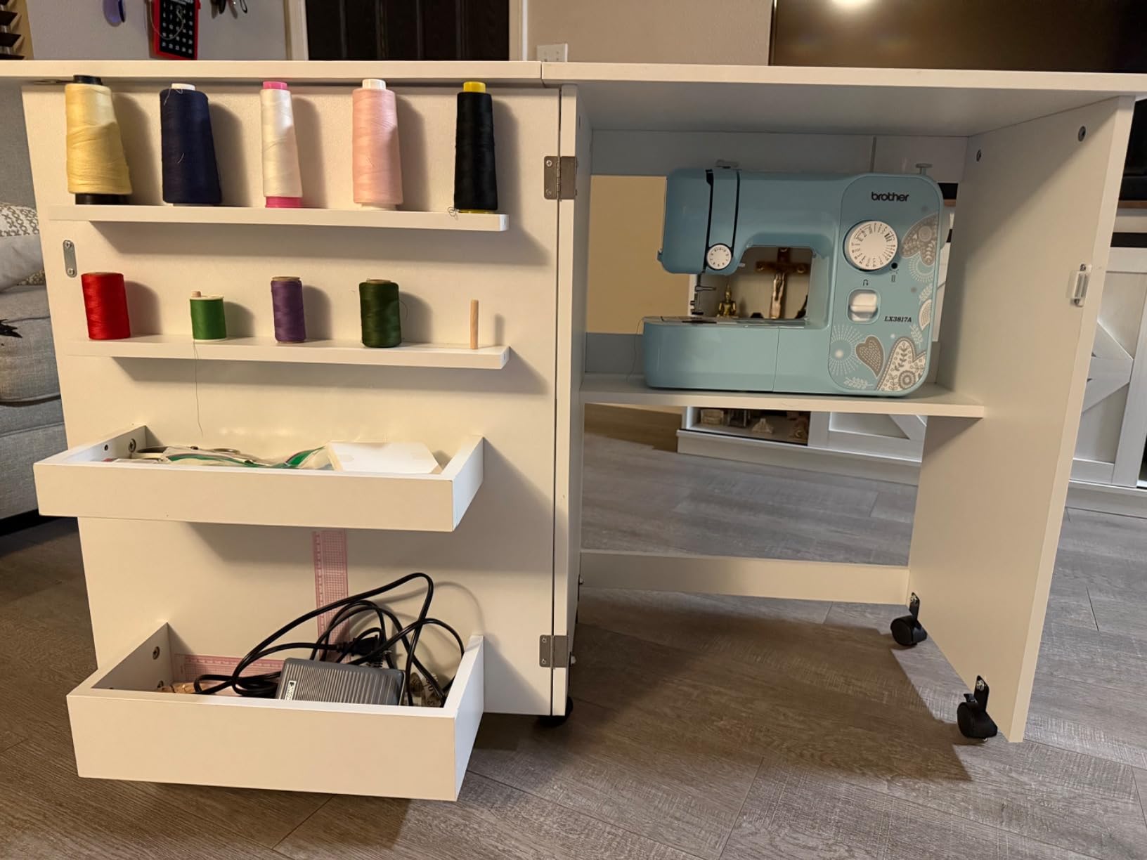 Folding Sewing Table, Multipurpose Sewing Machine Table with Compact Design, Wheels, Shelves, Bins, Pegs, Magnetic Locks (White) customer photo 1