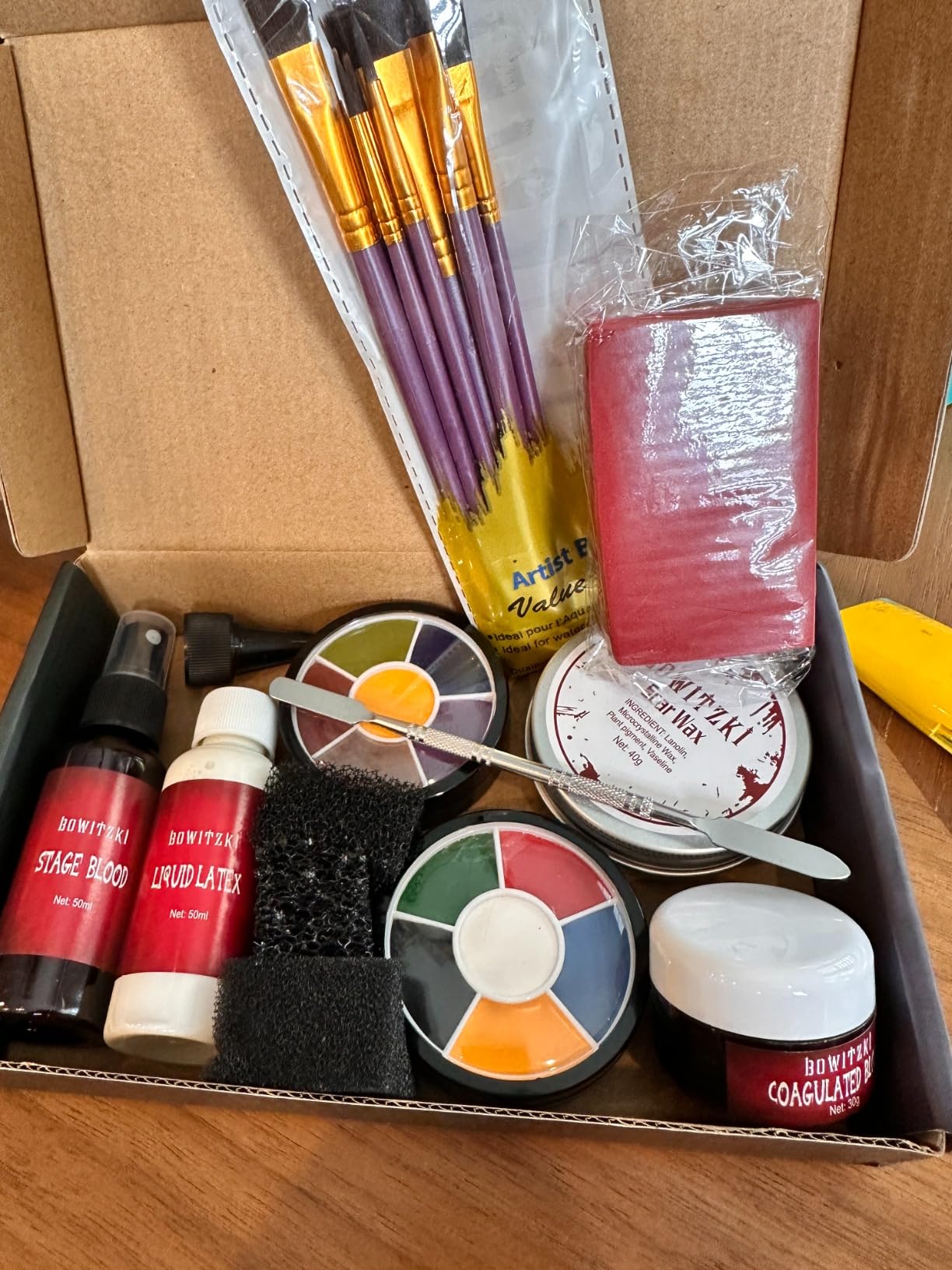 Bowitzki Halloween Makeup Kit Special Effect sfx Makeup,Liquid Latex+Scab Blood+Spray Blood+6 Colors Oil Based Face Paint+SFX bruise wheel+Skin Wax+Stipple Sponges+Latex free Sponges+Spatula+Brushes customer photo 1
